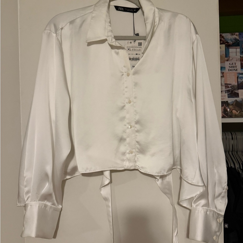Zara Ivory Satin Button-Down Shirt